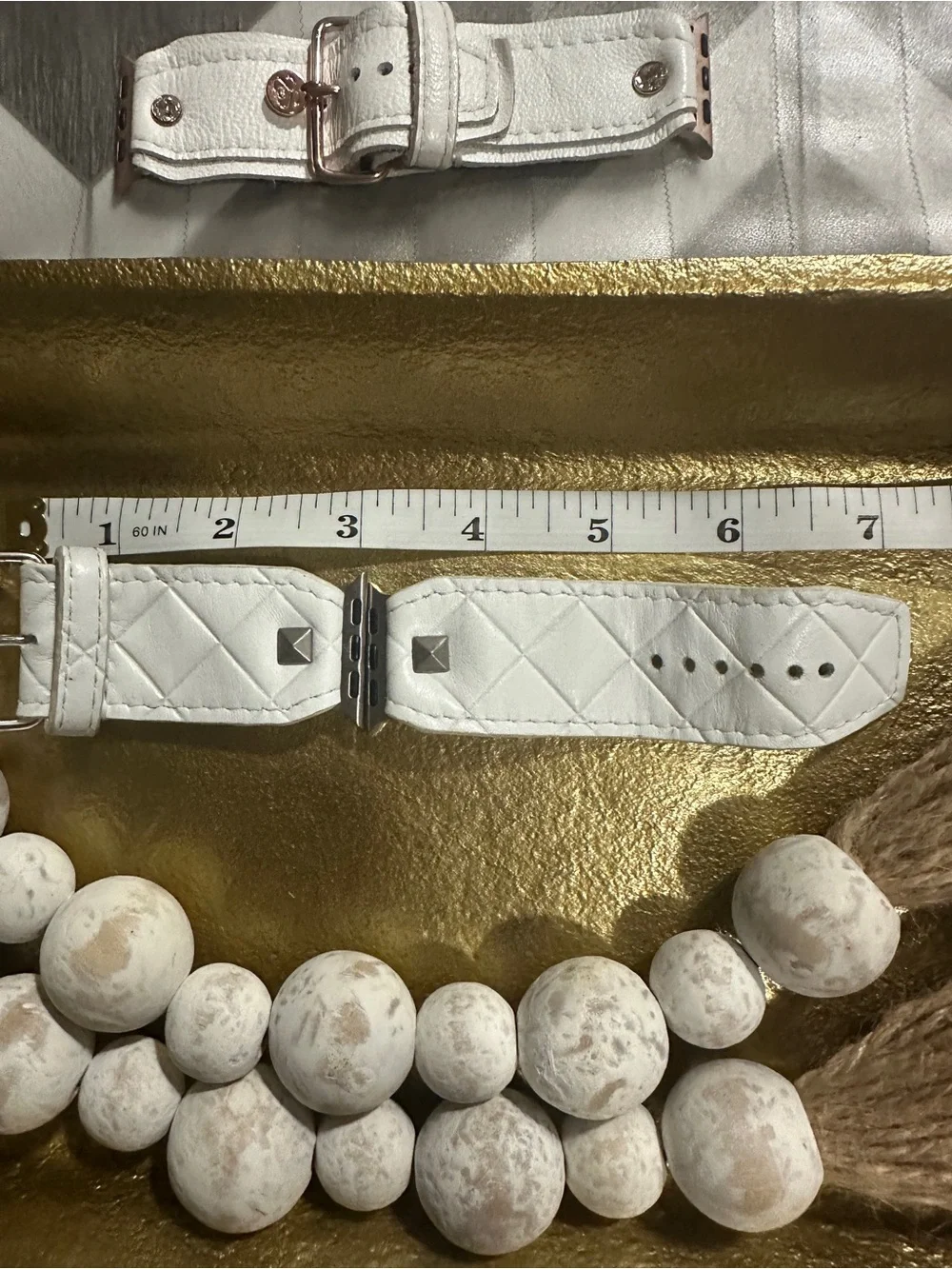 Quilted White Leather Apple Watch Band with Stud Details